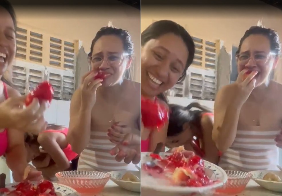Alessa Araújo testou a receita do morango do amor, mas não deu muito certo — Foto: Reprodução