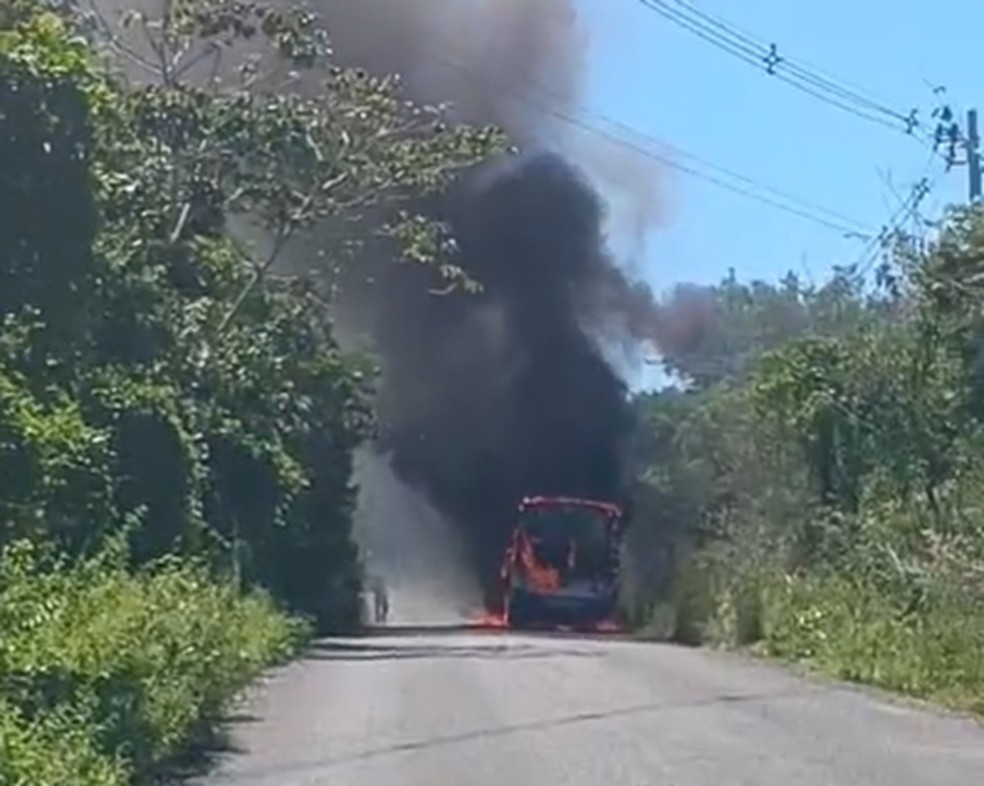 Ônibus pegou fogo na estrada de Tabatinga, na Grande Natal — Foto: Reprodução