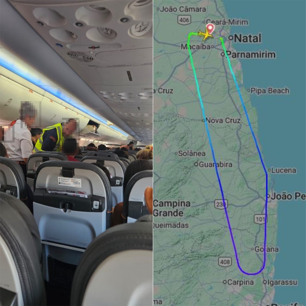 Passageiro passou mal e precisou ser atendido após problema em voo — Foto: Foto 1: Cedida | Foto 2: Divulgação/FlightRadar24