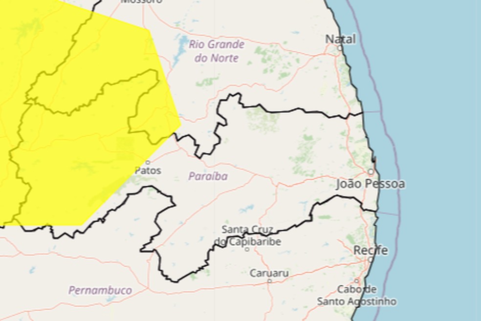 Alerta amarelo de perigo potencial de baixa umidade foi emitido pelo Inmet para 75 cidades da Paraíba — Foto: Inmet/Reprodução