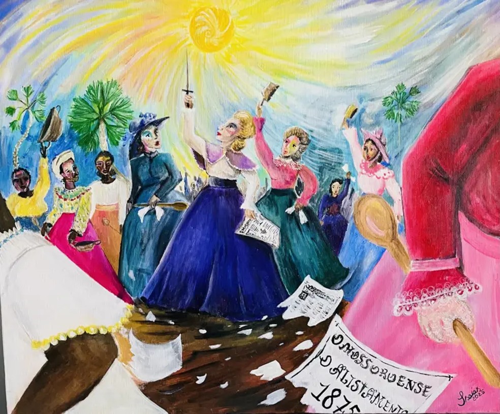 Quadro do artista Isaías Medeiros retrata o episódio do Motim das Mulheres — Foto: Coleção de Isaías Medeiros