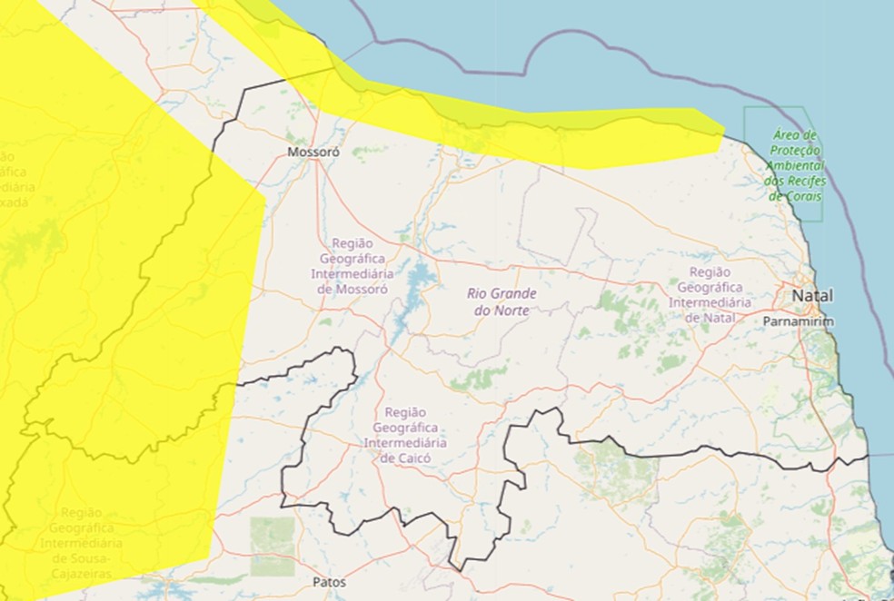 Cidades do RN estão sob alerta de baixa umidade, segundo o Inmet — Foto: Inmet/Reprodução