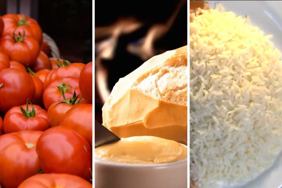 Tomate, manteiga e arroz, produtos da cesta básica  — Foto: Arte g1