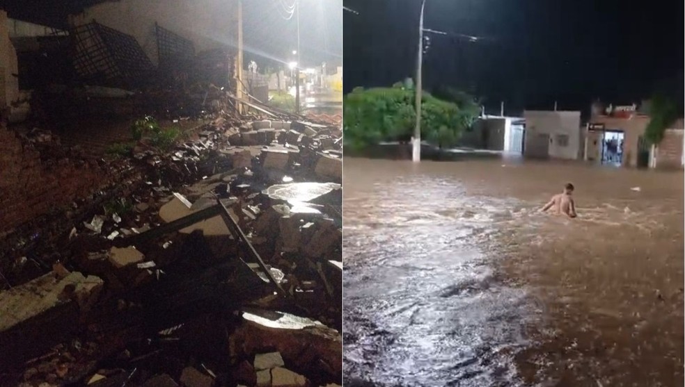 Cidade de Assu, no RN, registra desabamento de prédio e alagamento após chuva de 90 milímetros em cerca de uma hora — Foto: Reprodução