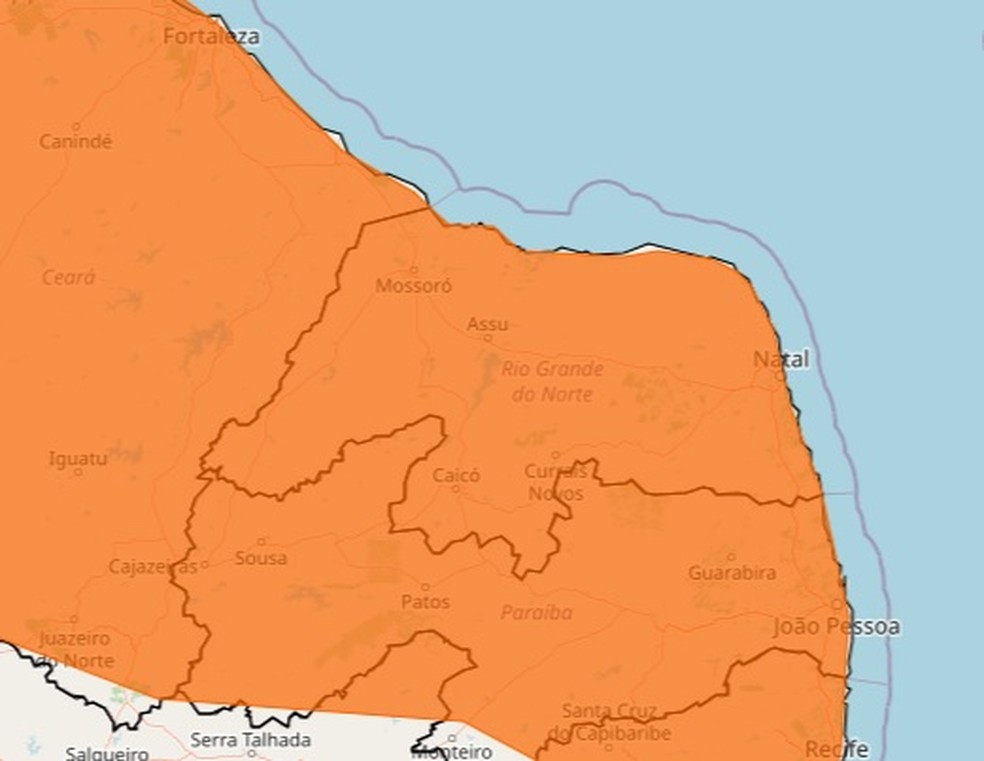 Inmet renova alerta de chuvas intensas para todas as cidades do Rio Grande do Norte — Foto: Reprodução/Inmet