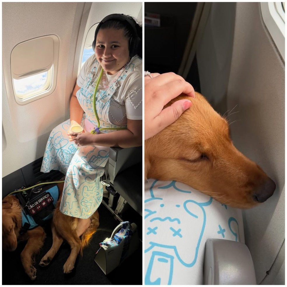 Raquel Nery com cão de serviço após conseguir embarcar em voo, em Maceió. — Foto: Reprodução/Redes sociais