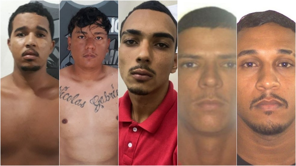 Suspeitos foragidos, da esquerda para a direita: Creysinho, Índio, Kael, Leozinho da Batalha e Poupinho — Foto: Divulgação/Polícia Civil