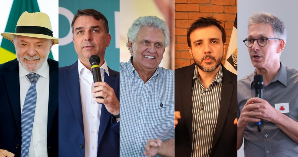 Lula, Flávio Bolsonaro, Ronaldo Caiado, Renan Santos e Romeu Zema — Foto: Divulgação e reprodução