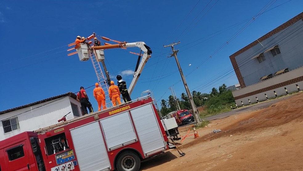 Trabalhadores foram retirados do cesto acoplado no guindaste — Foto: CMBRN/Reprodução