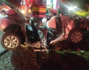 O carro ficou totalmente destruído após baterem numa árvore em Pouso Redondo, no Vale do Itajaí. Foto — ©PRF / Divulgação.