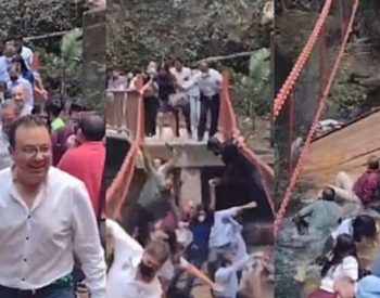 A ponte suspensa caiu enquanto era reinaugurada, o acidente aconteceu na manhã desta quarta-feira (8), em Morelos, no México. Foto — Reprodução.