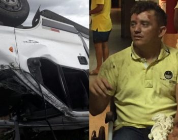 Na imagem, o estado como ficou a Van e o motorista sendo atendido no hospital de Santa Cruz - Reprodução/WhtasApp