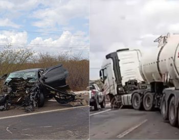 Acidente envolveu carro de passeio e carreta na BR-304 no RN — Foto: PRF/Divulgação