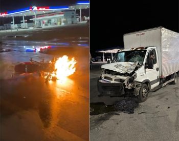 Moto pegou fogo após colisão — Foto: Redes sociais