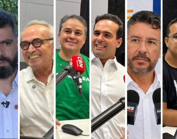 Candidatos ao governo da Paraíba: Camilo Duarte (PCO), Cícero Lucena (MDB), Efraim Filho (PL), Lucas Ribeiro (PP), Pedro Coutinho (DC) e Yuri Ezequiel (UP) — Foto: Reprodução