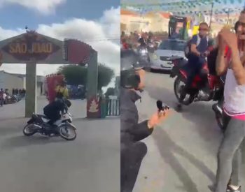 Jovem simula acidente de moto para fazer pedido de namoro surpresa durante evento na PB — Foto: Redes Sociais/Arte g1