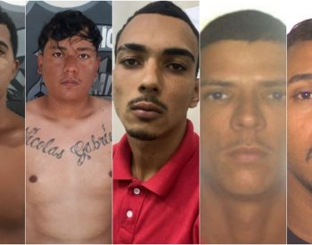 Suspeitos foragidos, da esquerda para a direita: Creysinho, Índio, Kael, Leozinho da Batalha e Poupinho — Foto: Divulgação/Polícia Civil