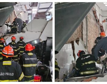 O teto de um restaurante na Bela Vista, região central de São Paulo, desabou nesta quarta-feira (8). — Foto: Montagem/g1/Reprodução/Corpo de Bombeiros