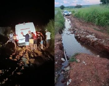 Foto 1: Moradores ajudam a desatolar ambulância | Foto 2: Problema na estrada na qual ambulância atolou, em imagem pela manhã — Foto: Cedidas