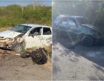 Carros colidiram frontalmente na RN-118 — Foto: Reprodução
