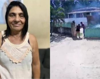 Rita Ramos Bezerra, de 67 anos, que morreu no ataque de abelhas; na imagem ao lado, vizinhos durante tentativa de socorro — Foto: Reprodução
