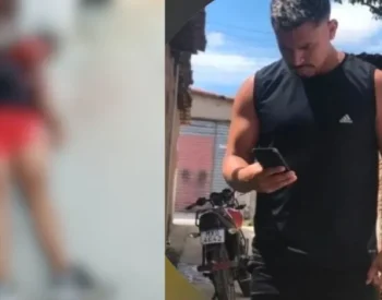 Montagem mostra imagem desfocada no interior de uma academia e, ao lado, homem de roupa preta olhando para um celular